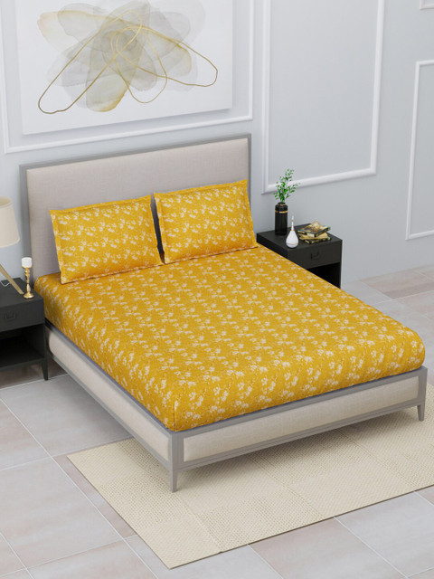 

Home Fresh Mustard & White Floral 144 TC King Bedsheet with 2 Pillow Covers