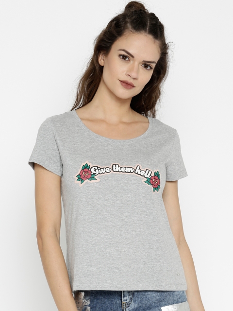 

ONLY Women Grey Printed Round Neck T-shirt