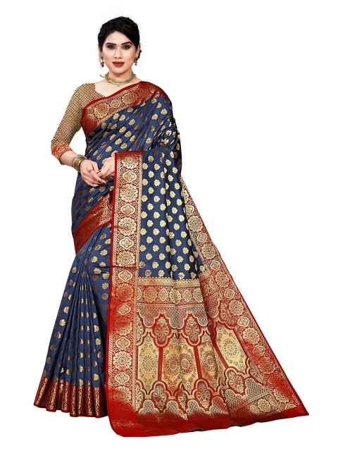 

Viva N Diva Navy Blue & Red Ethnic Motifs Zari Silk Blend Kanjeevaram Saree