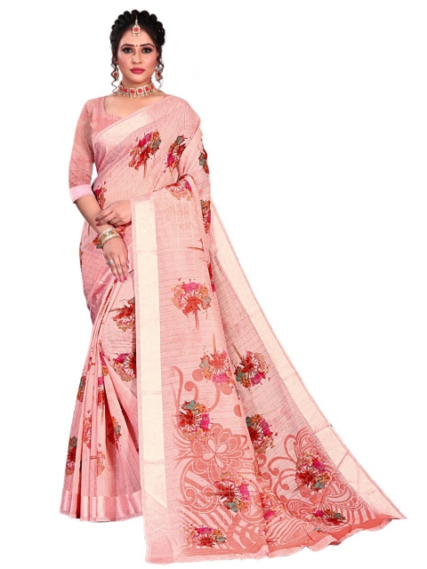 

Viva N Diva Peach-Coloured & Red Floral Zari Silk Cotton Kanjeevaram Saree