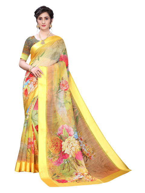 

Viva N Diva Yellow & Red Floral Zari Silk Blend Ready to Wear Kanjeevaram Saree