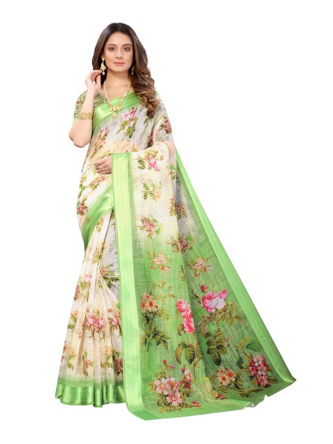 

Viva N Diva Cream-Coloured & Magenta Floral Zari Silk Blend Saree