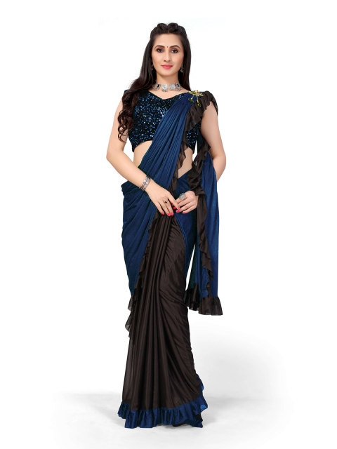 

Viva N Diva Navy Blue & Black Colourblocked Ruffles Saree