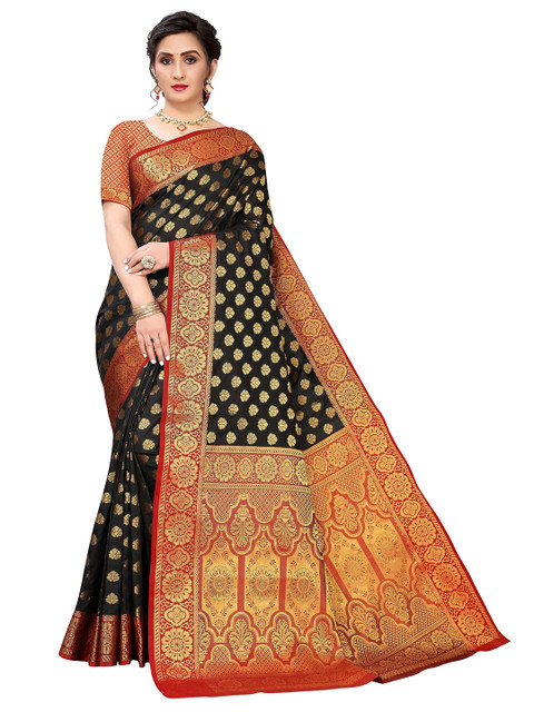 

Viva N Diva Black & Red Woven Design Zari Silk Blend Ready to Wear Kanjeevaram Saree