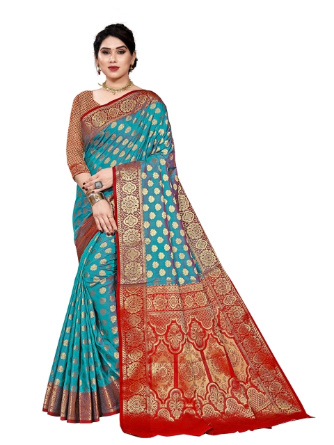 

Viva N Diva Turquoise Blue & Red Ethnic Motifs Zari Silk Blend Ready to Wear Kanjeevaram Saree