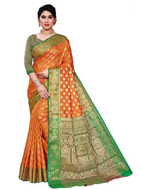 

Viva N Diva Orange & Green Ethnic Motifs Zari Silk Blend Ready to Wear Kanjeevaram Saree