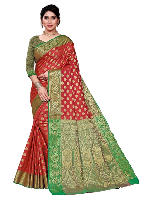 

Viva N Diva Red & Green Ethnic Motifs Zari Silk Blend Ready to Wear Kanjeevaram Saree