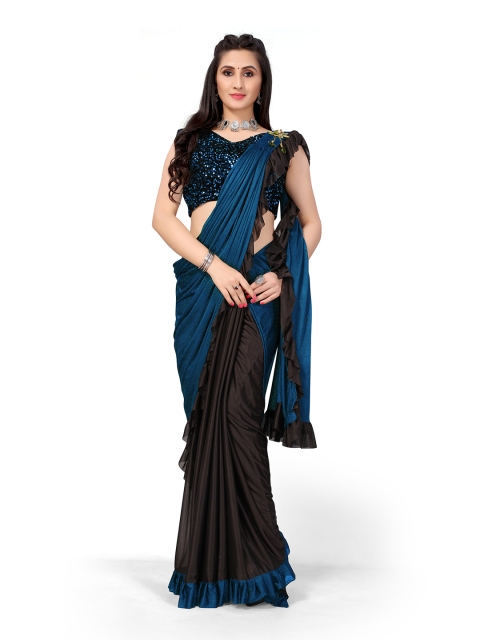 

Viva N Diva Teal Blue & Black Colourblocked Sequinned Ready to Wear Saree