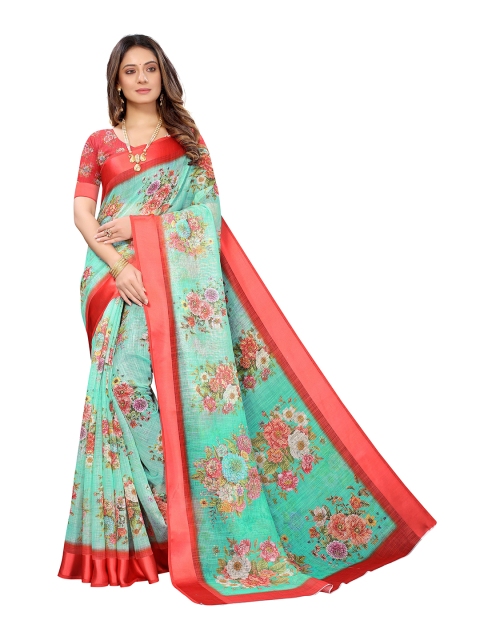 

Viva N Diva Turquoise Blue & Red Floral Zari Silk Blend Kanjeevaram Saree