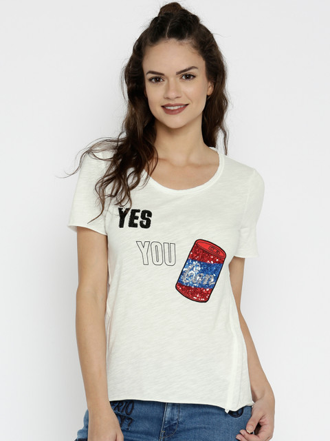 

ONLY Women Off-White Sequinned Round Neck T-shirt