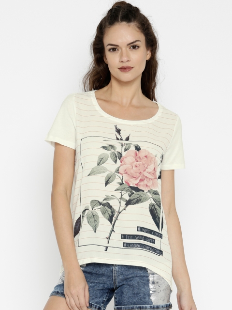 

ONLY Women Off-White Floral Print Round Neck T-shirt