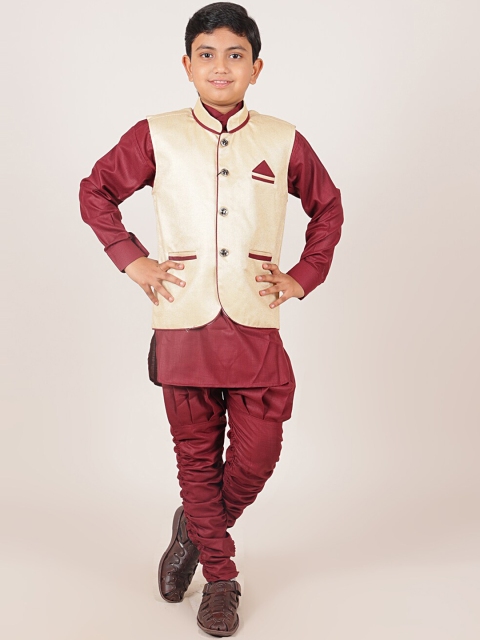 

Pothys Boys Cream-Coloured And Maroon Solid Woven Nehru Jacket