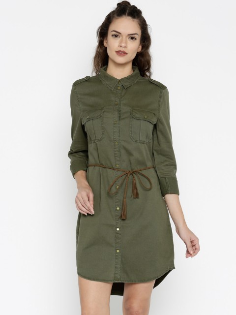 

ONLY Women Olive Green Solid Shirt Dress