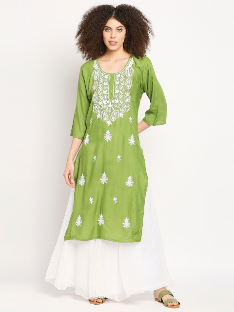 

Ira Soleil Green & White Ethnic Motifs Embroidered Cotton Straight Kurti