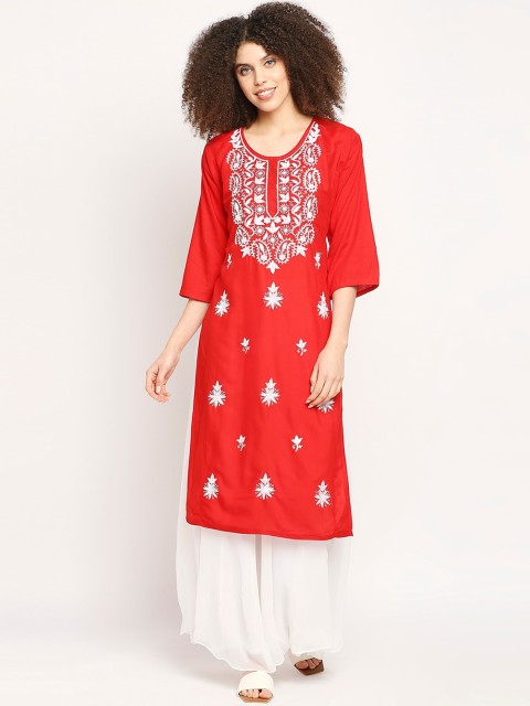 

Ira Soleil Women Red & White Ethnic Motifs Embroidered Kurta With Palazzos