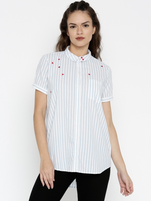 

ONLY Women White & Blue Striped Shirt