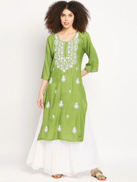 

Ira Soleil Women Green & White Ethnic Motifs Embroidered Kurta With Palazzos