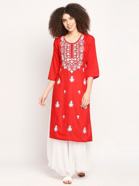 

Ira Soleil Women Red Ethnic Motifs Embroidered Cotton Kurta