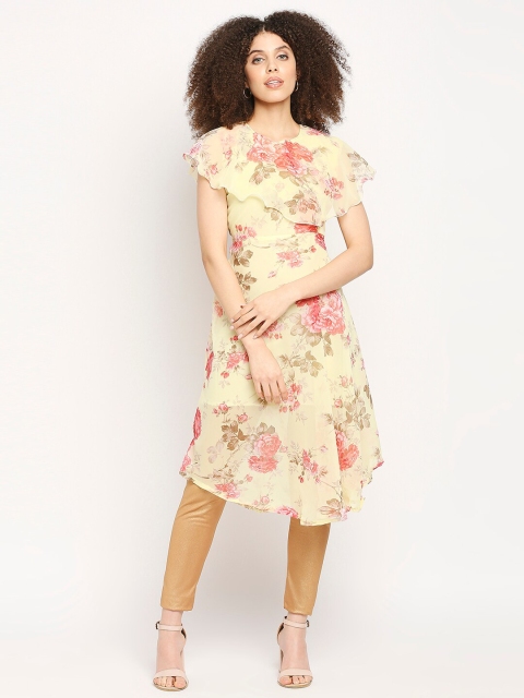 

Ira Soleil Women Yellow & Pink Floral Printed Flared Sleeves Floral Georgette Kurta