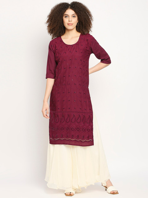 

Ira Soleil Women Violet & Cream Embroidered Kurta With Palazzos