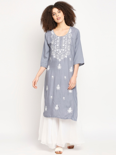 

Ira Soleil Women Grey Floral Embroidered Kurta with Palazzo
