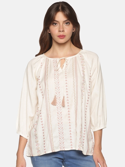 

Saffron Threads Off White Tie-Up Neck Cotton Linen Bohemian Top