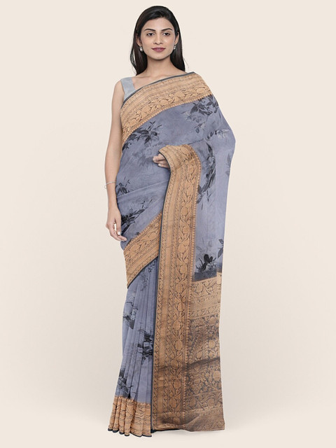

Pothys Grey & Gold-Toned Floral Printed Organza Saree