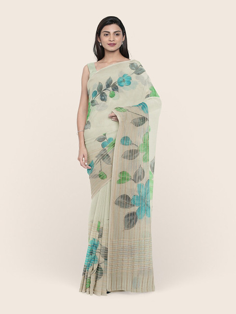 

Pothys Blue & Green Floral Zari Organza Saree