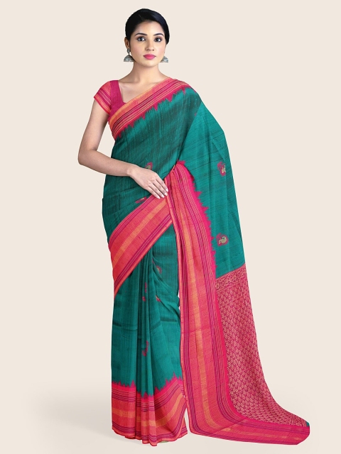 

Pothys Green & Pink Floral Jute Silk Saree