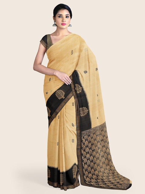 

Pothys Cream-Coloured & Black Floral Jute Silk Saree
