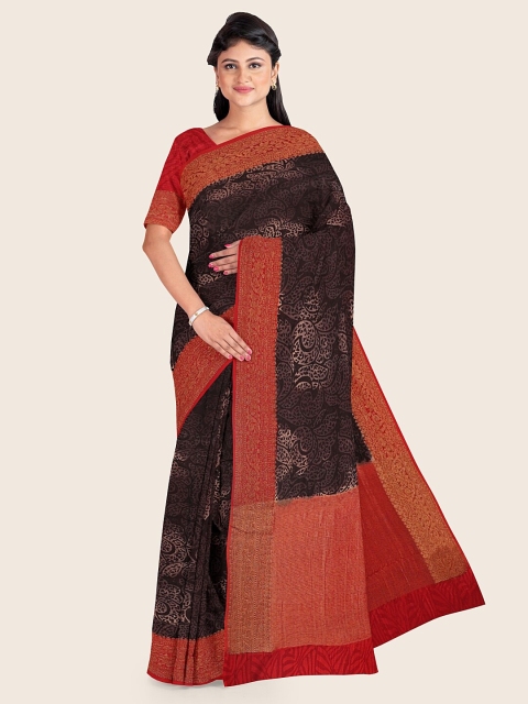 

Pothys Black & Red Paisley Chanderi Printed Zari Cotton Saree
