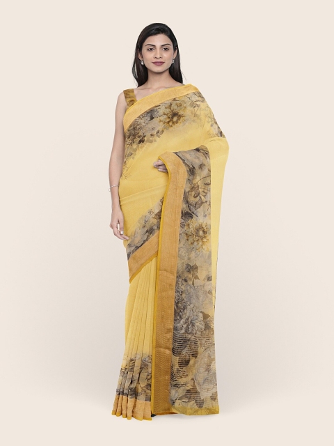 

Pothys Yellow & Grey Floral Pure Organza Saree