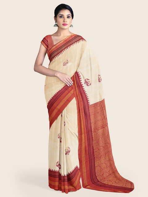 

Pothys Cream-Coloured & Maroon Ethnic Motifs Jute Silk Saree