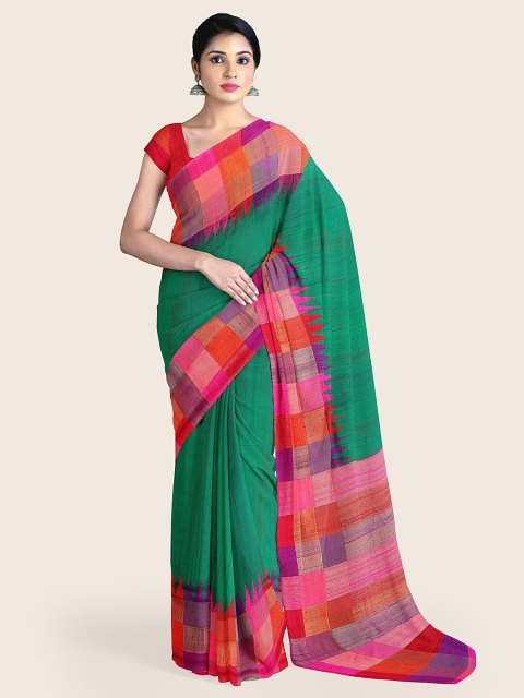 

Pothys Green & Purple Checked Jute Silk Saree