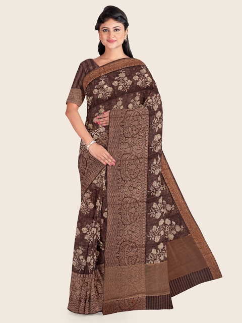 

Pothys Brown & Cream-Coloured Floral Zari Chanderi Cotton Saree