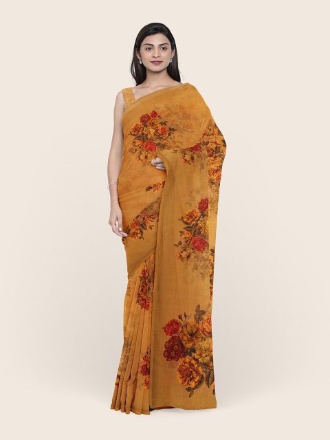 

Pothys Mustard & Red Floral Printed Organza Saree