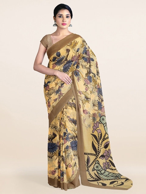 

Pothys Cream-Coloured & Blue Floral Printed Cotton Blend Saree