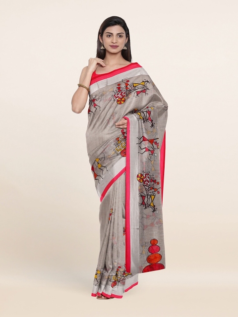 

Pothys Grey & Red Silver-Toned Warli Printed Cotton Saree