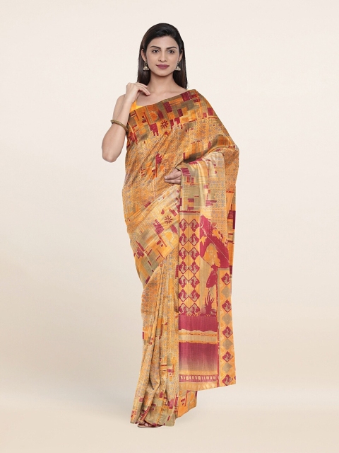 

Pothys Peach-Coloured & Maroon Zari Cotton Blend Saree