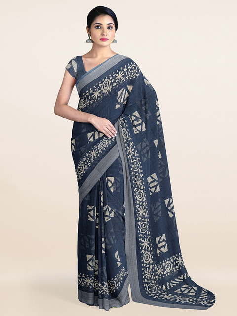 

Pothys Blue & Cream Silver-Toned Batik Printed Linen Blend Saree