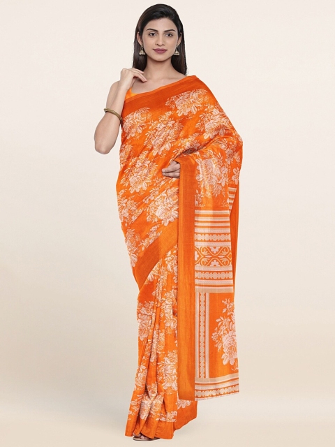 

Pothys Orange & White Floral Zari Cotton Blend Saree