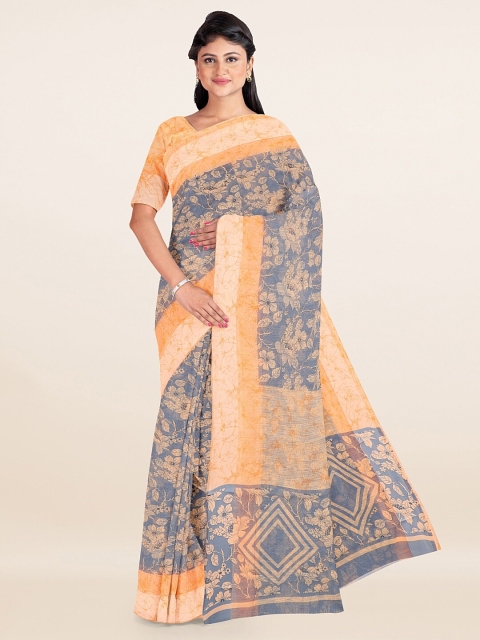 

Pothys Grey & Yellow Floral Cotton Blend Saree