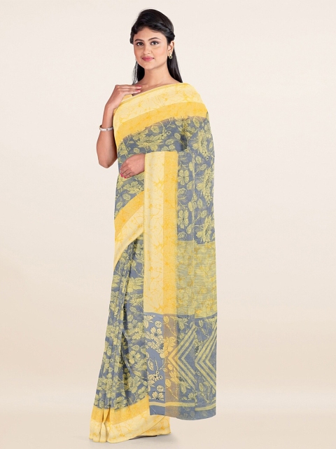 

Pothys Grey & Yellow Floral Printed Cotton Saree