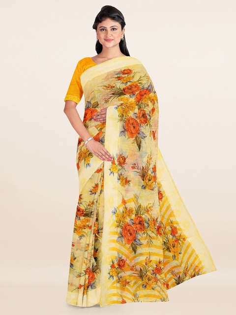 

Pothys Yellow & Orange Floral Printed Cotton Blend Saree