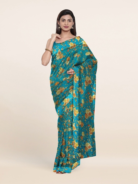 

Pothys Blue & Yellow Floral Cotton Blend Saree