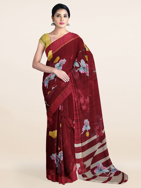 

Pothys Maroon & Blue Floral Printed Cotton Blend Saree