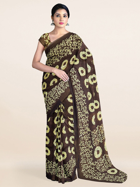 

Pothys Coffee Brown & Lime Green Printed Cotton Blend Saree