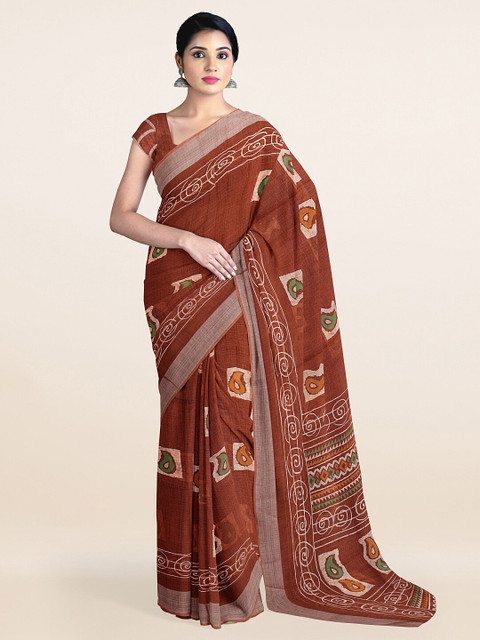 

Pothys Brown & Gold-Toned Ethnic Motifs Linen Blend Saree