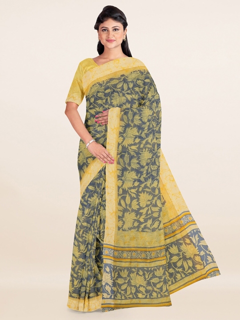 

Pothys Grey & Yellow Floral Cotton Blend Saree
