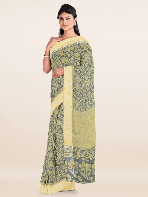 

Pothys Grey & Yellow Floral Cotton Blend Saree